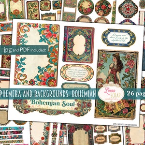 Junk Journal Ephemera, Boho Fussy Cuts stampabile, download digitale Gipsy, abbellimento e sfondi vintage per diari spazzatura
