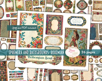 Junk Journal Ephemera, Bohemian Fussy Cuts Printable, Gipsy Digital Download, Embellishment and Vintage Backgrounds  for Junk Journals