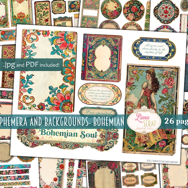 Junk Journal Ephemera, Bohemian Fussy Cuts Printable, Gipsy Digital Download, Embellishment and Vintage Backgrounds  for Junk Journals