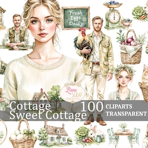 Cottage Sweet Cottage 100 Digital Clipart Set - ferme PNG - Illustrations rustiques - fond transparent, autocollants pour agenda