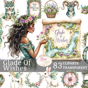 Glade of Wishes 83 clipartset - aquarel bosdieren, feeën, transparante png, digitale kunst, plannerstickers, fantasiebos, magie