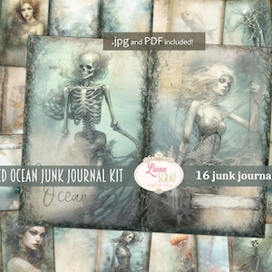Verfluchten Ozean Digital Junk Journal Kit, Haunted Underwater Collage Printable, Unter dem Meer Skelett Digital Papier, Halloween Junk Journal