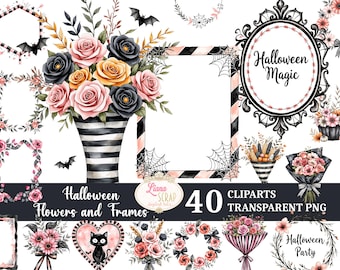 May include: Watercolor clip art set featuring Halloween-themed flowers and frames. The image includes a bouquet of pink, black, and yellow roses in a striped vase, along with frames, bats, and the text "Halloween Magic" and "Halloween Flowers and Frames".
