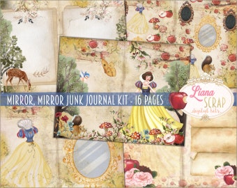 May include: A digital junk journal kit with 16 pages featuring a vintage aesthetic. The pages include illustrations of Snow White, a mirror, apples, mushrooms, and a squirrel. The text "Mirror, Mirror Junk Journal Kit - 16 Pages" is displayed at the top of the image.