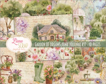 Könnte beinhalten: Ein digitales Junk Journal Kit mit 10 Seiten mit Aquarell-Illustrationen eines Gartens mit einem Haus, Blumen, einem Brunnen und einem Springbrunnen. Das Kit trägt den Titel "Garden of Dreams Junk Journal Kit - 10 Pages".