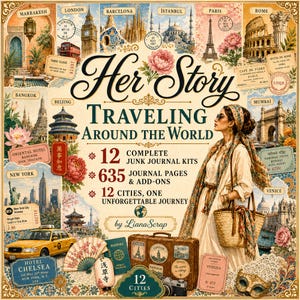 Peut inclure: Un kit de junk journal intitulé Her Story Traveling Around the World par LianaScrap, présentant un collage de monuments mondiaux, d'éphémères de voyage vintage, un taxi jaune, un passeport, une valise et l'illustration d'une personne avec un sac en paille.
