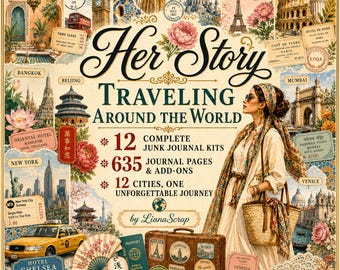 May include: A junk journal kit titled Her Story Traveling Around the World by LianaScrap, featuring a collage of global landmarks, vintage travel ephemera, a yellow taxi, a passport, a suitcase, and an illustration of a person with a straw bag.