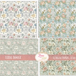 May include: A set of 32 digital papers featuring floral damask patterns in shades of pink, blue, green, and white. The papers are 0.5x11 inches.