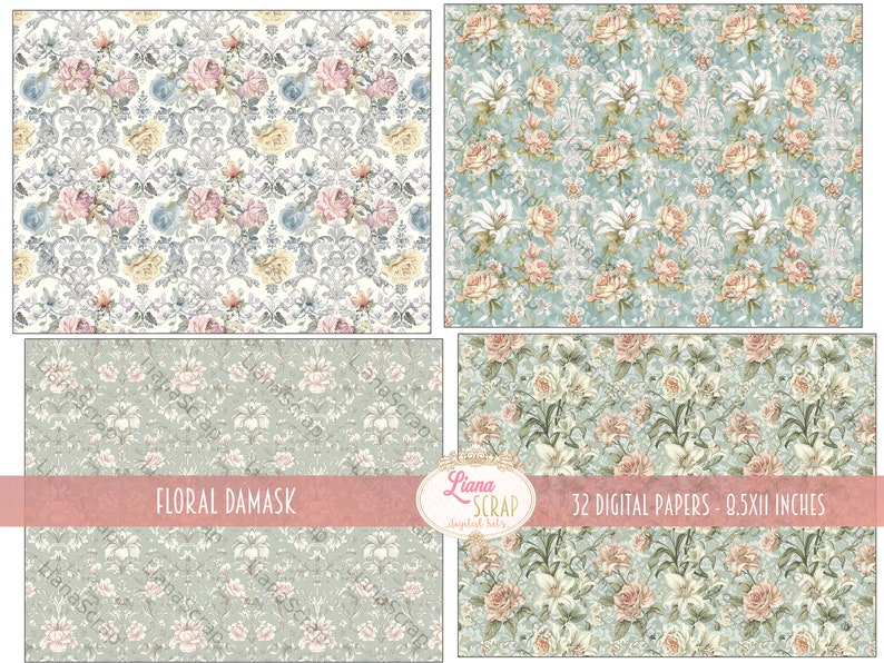 May include: A set of 32 digital papers featuring floral damask patterns in shades of pink, blue, green, and white. The papers are 0.5x11 inches.