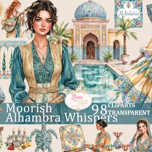 Può includere: Illustrazione digitale ad acquerello con elementi di design moresco. L'immagine mostra donne in abiti tradizionali, elementi architettonici e motivi decorativi. Il testo recita "Moorish Alhambra Whispers" e "98 Transparent PNG".