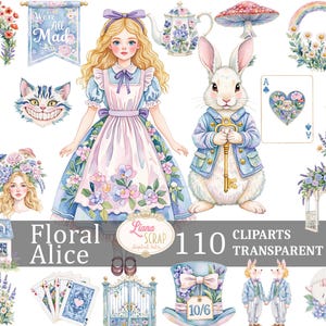Floral Alice 110 Digital Clipart Set Pays des merveilles PNG Alice au pays des merveilles graphiques pour scrapbooking et travaux manuels, autocollants pour agenda
