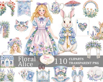 Może przedstawiać: Zestaw cyfrowych grafik w stylu Alice w Krainie Czarów z 110 przezroczystymi obrazami PNG. Zawiera postacie z Alicji w Krainie Czarów, kwiaty, filiżanki do herbaty, karty do gry i wiele innych.