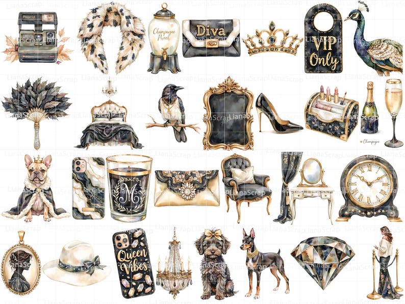 Glamour in Black Clipart, Gold & Cream Fashion Graphics (PNG) image 2