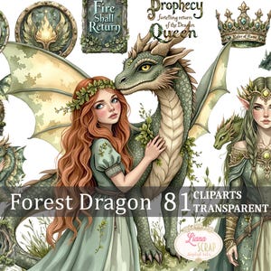 Clipartset bosdraak Fantasy Dragons Queen middeleeuwse digitale kunst - 81 afbeeldingen