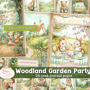 Kit diario di scarto per feste in giardino nel bosco, collage di foreste stampabile, tè incantato, carta per scrapbooking, diario d'arte per feste in tè con animali