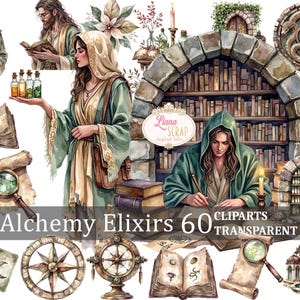 May include: Watercolor illustration of a collection of 60 clipart images featuring alchemy and elixirs. The images include a variety of magical objects, such as potions, scrolls, books, and a compass. The images are perfect for adding a touch of fantasy to your projects.