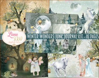 Winter Wonders Junk Journal Kit, Winter Collage Printables, Digital Winter Kit with unicorns and fairies, Junk Journal Paper