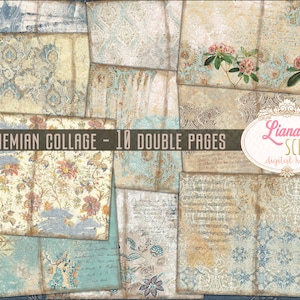 Boho Collage Junk Journal Digitale Kit Afdrukbaar, Blauwe Boho Digitale Collagebladen, Junk Journal Paper