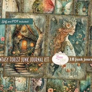 Kit digital de diário de lixo de floresta de fantasia para impressão, folha de colagem para impressão de floresta de fadas, papel de diário de lixo, reino encantado dos elfos