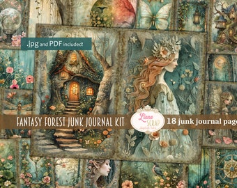 Fantasy Forest Junk Journal Digitale Kit Afdrukbaar, Fairy Forest Afdrukbaar Collageblad, Junk Journal Paper, Elven Enchanted Kingdom