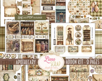 Apotheker Junk Journal ADDON Kit, Digitale Download, Vintage Apotheek Printbare Pagina's, Drankjes, Junk Journal Ephemera en Enveloppen