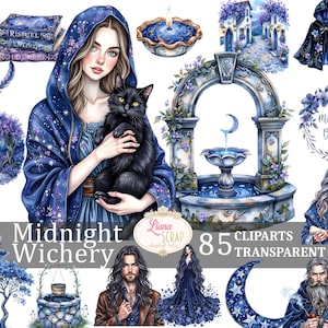 Midnight Witchery 85 Clipart Set PNG trasparenti Adesivi per pianificatore d'arte digitale Grafica stregonesca, stregoneria, luna celeste, mago lunare