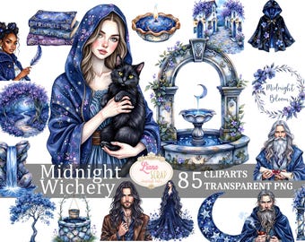 Midnight Witchery Clipart Set, Watercolor Witchcraft Graphics (PNG)
