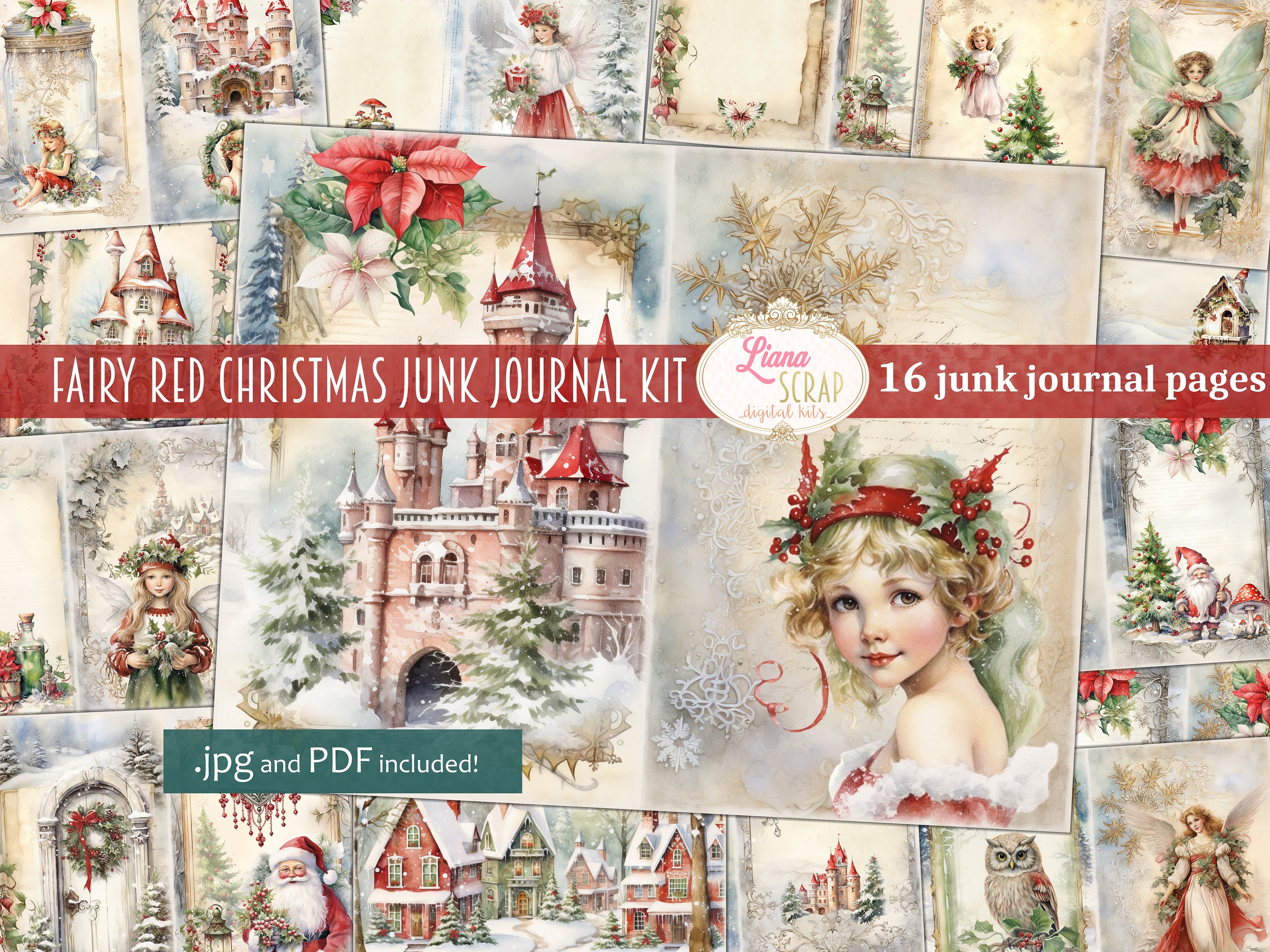 Fairy Red Christmas Digital Junk Journal Kit, Winter Collage