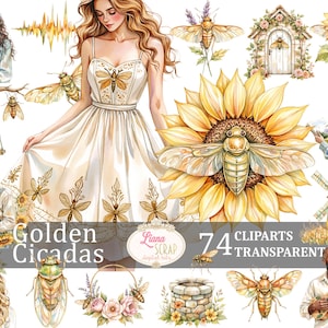 Cicale dorate 74 immagini clipart trasparenti PNG adesivi d'arte digitale illustrazioni floreali design estetici vintage, giardino delle farfalle