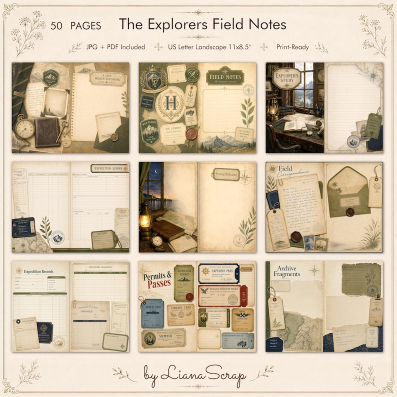 A collage of vintage-themed junk journal pages featuring explorer motifs, antique maps, expedition ledgers, permits, travel passes, and botanical illustrations in sepia and muted tones.