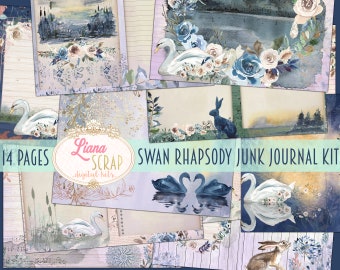 Swan Rhapsody Junk Journal Digital Kit Printable, Floral Magic Swans Printables Collage Sheet, Junk Journal Papier