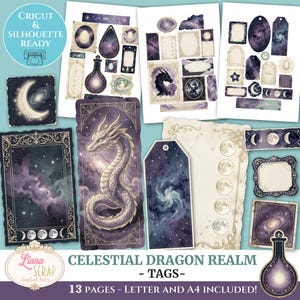 May include: Digital scrapbooking kit featuring celestial and dragon-themed tags. The tags include illustrations of dragons, moons, and nebulas in shades of purple, blue, and cream. The text "CELESTIAL DRAGON REALM - TAGS" is visible. The kit is Cricut and Silhouette ready.