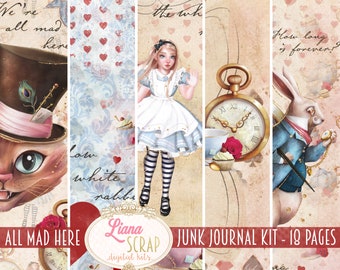 May include: A digital junk journal kit with 18 pages featuring Alice in Wonderland themed illustrations. The kit includes images of Alice, the Mad Hatter, the White Rabbit, a pocket watch, and a teacup. The text "We're all mad here" and "Follow the white rabbit" are included in the design.