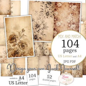 Junk Journal - Fleurs sépia - Format lettre US et A4, pages mélangées et assorties, arrière-plans botaniques vieillis papier numérique PDF et JPG