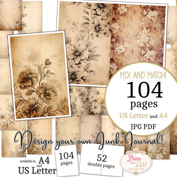 Junk Journal - Sepia Flowers - US Letter and A4 size, Mix and Match Pages, Distressed Botanical Backgrounds Digital Paper PDF and JPG