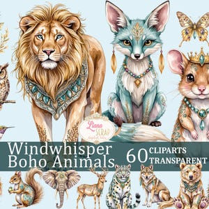 Windwhisper Boho Animals 60 Clipart Set - Watercolor Animals, Transparent PNG, Digital Art, Planner Stickers, Scrapbooking, Bohemian Designs