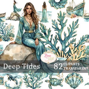 Deep Tides 82 Digital Clipart Set, sirène de l'océan PNG, graphismes nautiques, fond Transparent, vacances à la plage