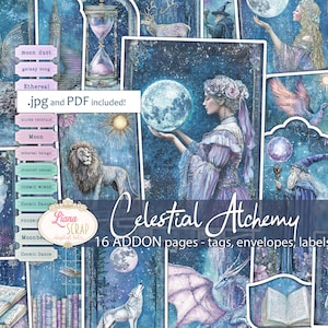 Celestial Alchemy Junk Journal ADDON Kit - 20 mystieke digitale pagina's, tags, enveloppen, zakken, etiketten, uitsparingen Afdrukbaar plakboek, kortstondige