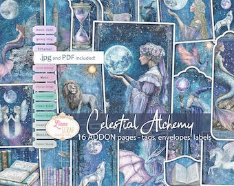 May include: A digital collage sheet with a celestial theme. The sheet features images of a moon, stars, a lion, a wolf, a unicorn, a dragon, a phoenix, a wizard, a mermaid, fairies, and a woman holding a moon. The text "Celestial Alchemy" and "16 ADDON pages - tags, envelopes, labels" is also included.