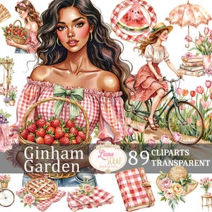 Set di clipart digitali Ginham Garden 89, acquerelli PNG, illustrazioni floreali, donne vintage, grafica da picnic