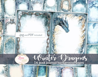 May include: 16 digital backgrounds for junk journals featuring winter scenes with dragons, chains, and arches.  The backgrounds are in shades of blue, white, and gray.  .jpg and PDF included!