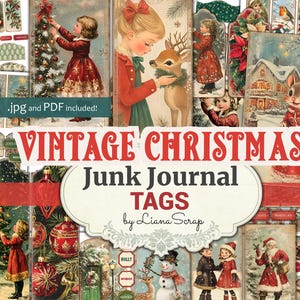Megaset di TAGS di Natale vintage, 17 pagine di tag di Natale, ritagli di diario spazzatura digitale, tagli elaborati, tag e tasche vintage