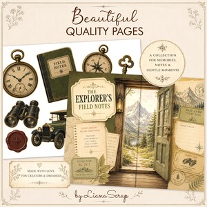 A collection of vintage adventure-themed ephemera featuring a pocket watch, compass, binoculars, an old car, and various journal pages with mountain landscapes and expedition notes.