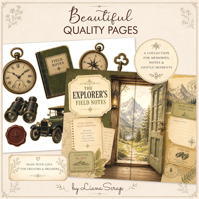 A collection of vintage adventure-themed ephemera featuring a pocket watch, compass, binoculars, an old car, and various journal pages with mountain landscapes and expedition notes.