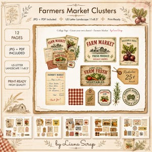 May include: A digital collage sheet titled "Farmers Market Clusters" with various vintage-style labels, tags, and illustrations. The design includes text such as "Farm Fresh," "Vegetable Seeds," and "Radishes 25¢." The sheet is print-ready and includes JPG and PDF files.