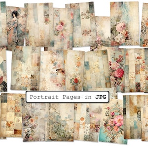 Op de afbeelding: Een set van 18 digitale papierachtergronden met een vintage esthetiek met bloemmotieven, vervaagde texturen en een patchwork-ontwerp. De papieren zijn in portretori&euml;ntatie en perfect voor scrapbooking, digitale kunst en andere creatieve projecten.