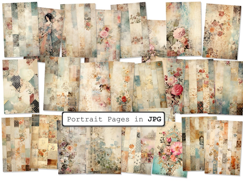 Op de afbeelding: Een set van 18 digitale papierachtergronden met een vintage esthetiek met bloemmotieven, vervaagde texturen en een patchwork-ontwerp. De papieren zijn in portretori&euml;ntatie en perfect voor scrapbooking, digitale kunst en andere creatieve projecten.