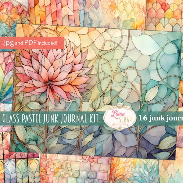 Stained Glass Pastel Junk Journal, basic background paper, digital paper, printable, stained glass journal, vintage paper, flower background