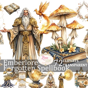 Puede incluir: Conjunto de imágenes prediseñadas de acuarela con magos, setas, un fénix y libros de hechizos. Se muestra el texto "Emberlore Forgotten Spellbook". Las ilustraciones son en tonos dorados, marrones y blancos, con temática fantástica.