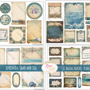 May include: A collection of 22 digital papers with a vintage, nautical theme. The designs feature seashells, ocean waves, and ornate frames in shades of blue, beige, and teal. Includes text that reads "Ephemera Sand and Sea". Each paper is 8.5x11 inches.